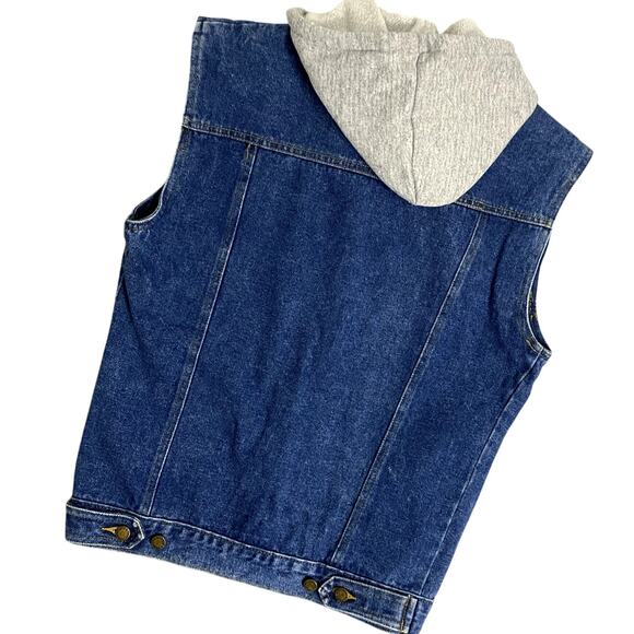 Jordache Hooded Denim Vest Womens L Blue Jean Button Up Pockets Y2K Street Biker - Picture 2 of 12